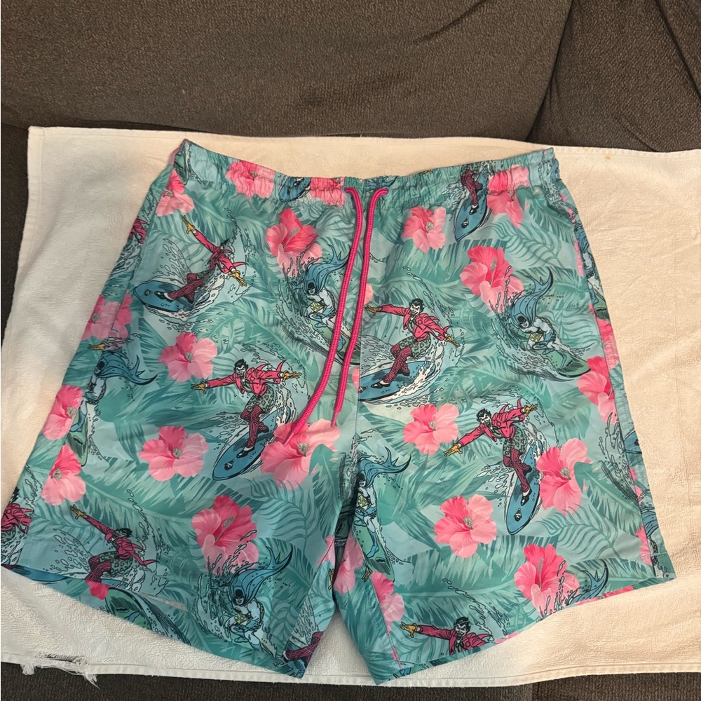 Batman Tropical Print Swim Trunks - Pink and Blue